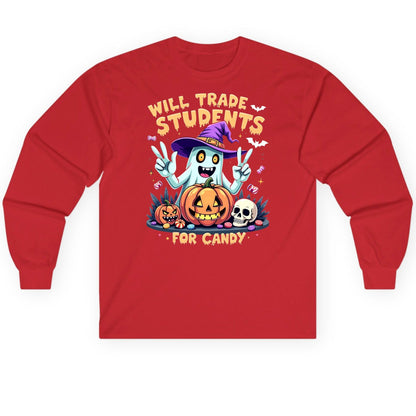 Will Trade Students for Candy teacher humor Long Sleeve Tee Red product mockup