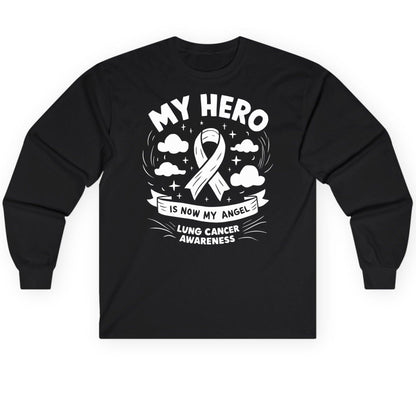 My Hero Is Now My Angel Lung Cancer Awareness lung cancer awareness Long Sleeve Tee Black product mockup