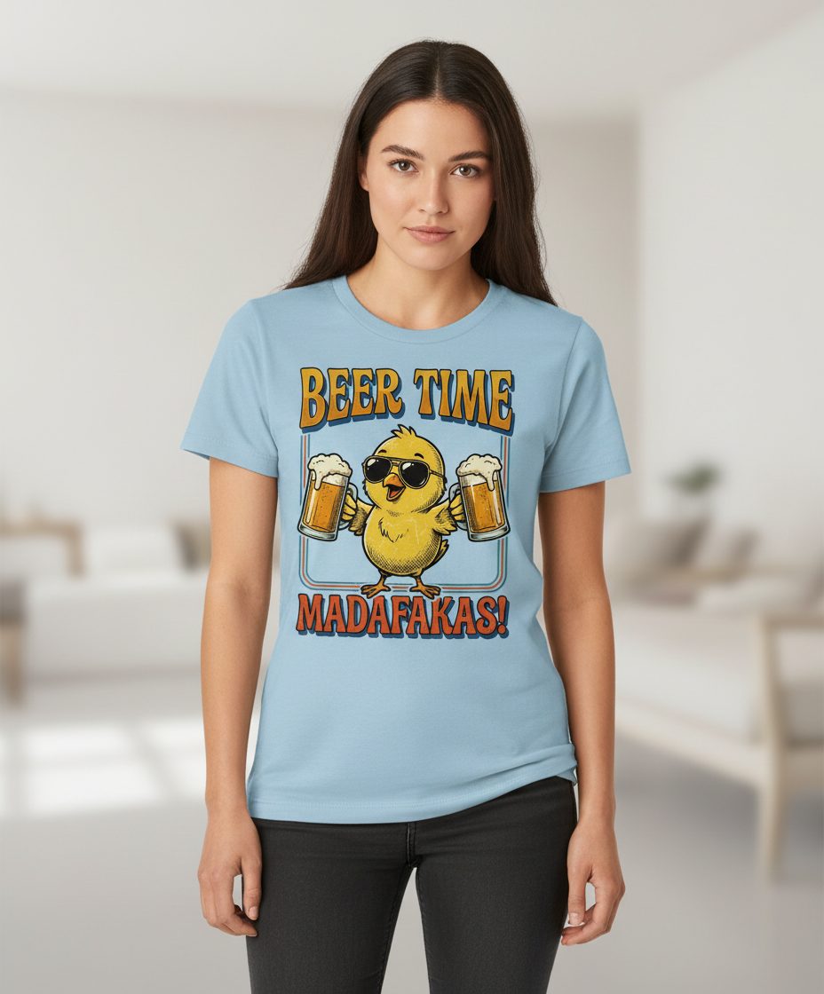 Funny Chick drinking beer Chick T-Shirt - product mockup - Light Blue