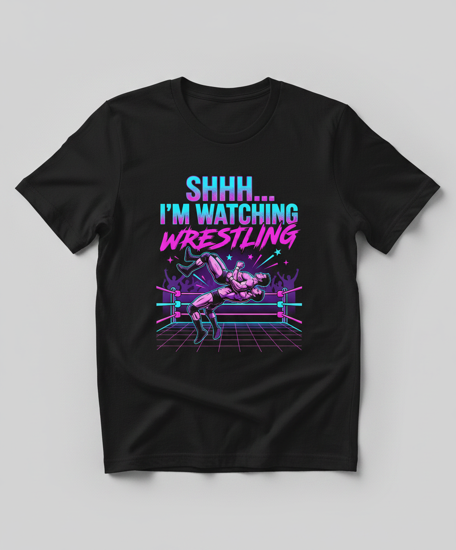Shhh I'm Watching Wrestling Retro 80s Design T-Shirt - Black