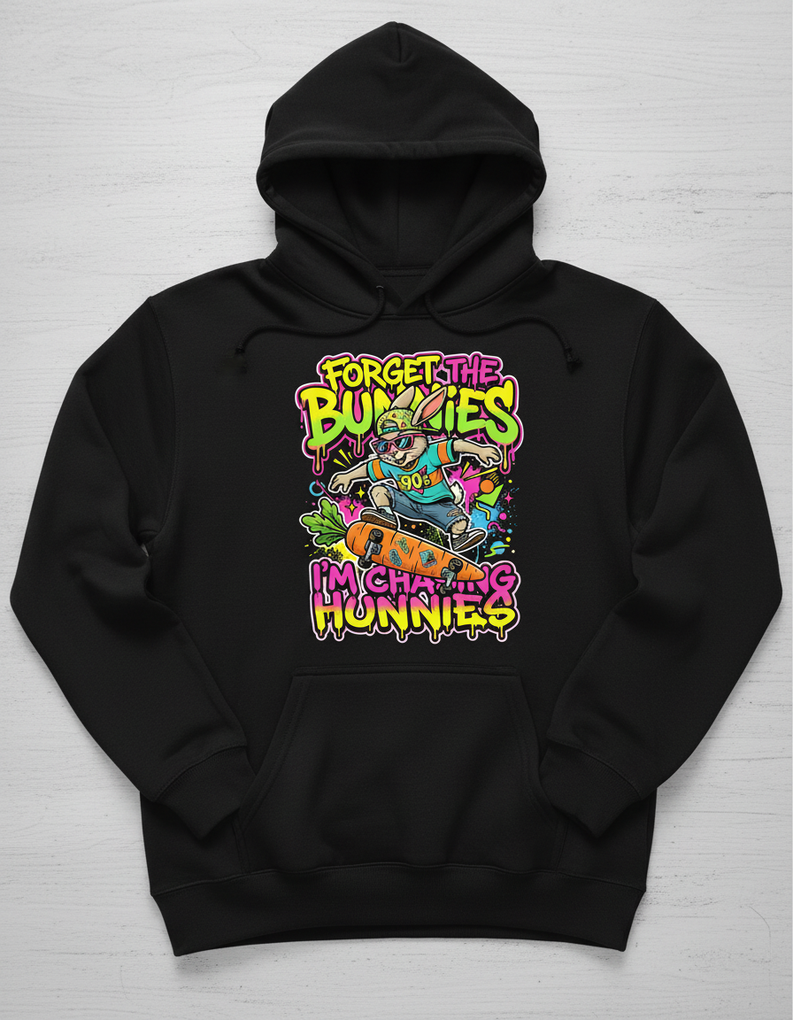 Funny 90s Skater Rabbit Chasing Hunnies Hoodie - Black
