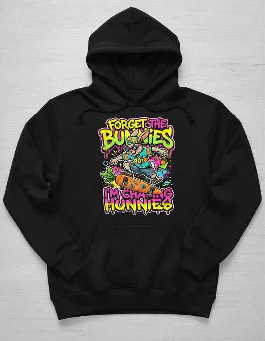 Funny 90s Skater Rabbit Chasing Hunnies Hoodie - Black