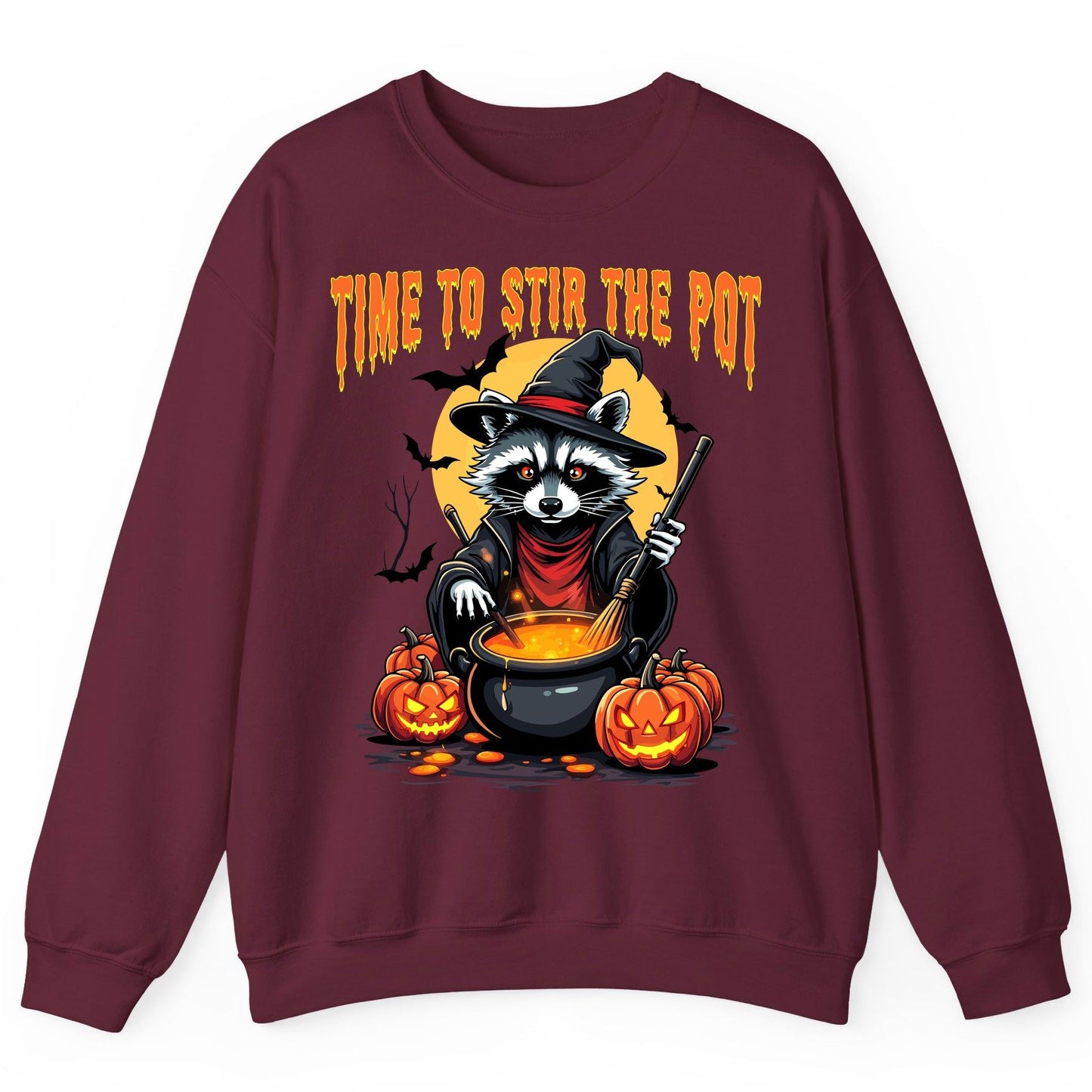 Time to Stir the Pot Halloween raccoon Sweatshirt Maroon product mockup