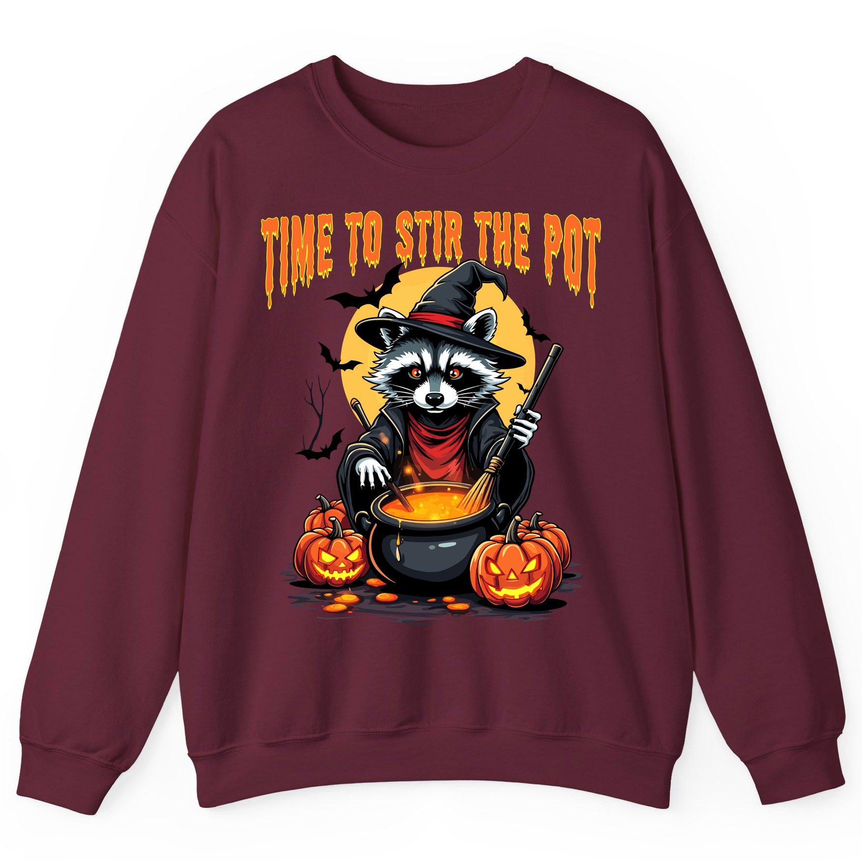 Time to Stir the Pot Halloween raccoon Sweatshirt Maroon product mockup