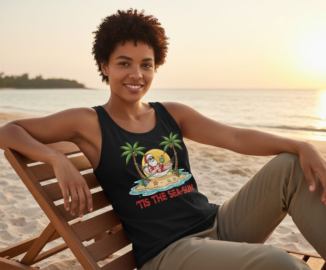 'Tis the Sea-Sun santa claus on a tropical vacation Tank Top Black lifestyle mockup