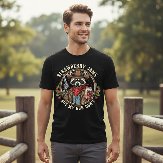 Strawberry Jams but My Gun Don't cowboy raccoon T-Shirt Black lifestyle mockup