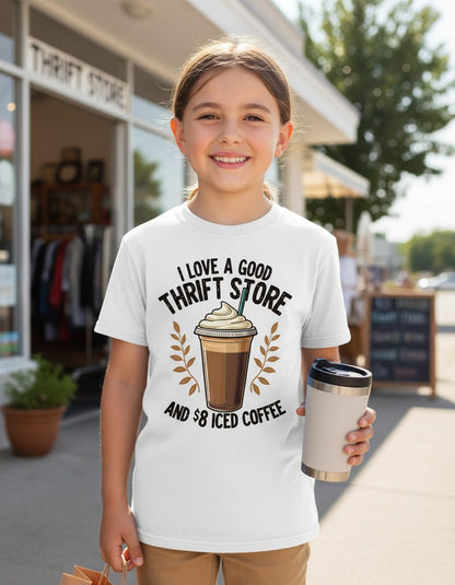 I Love a Good Thrift Store and 8 Iced Coffee coffee and thrifting Youth T-Shirt White lifestyle mockup