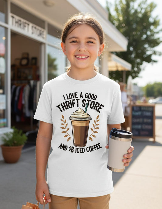 I Love a Good Thrift Store and 8 Iced Coffee coffee and thrifting Youth T-Shirt White lifestyle mockup