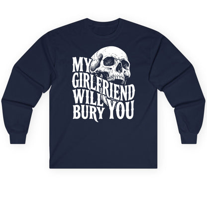 My Girlfriend Will Bury You skull Long Sleeve Tee Navy product mockup