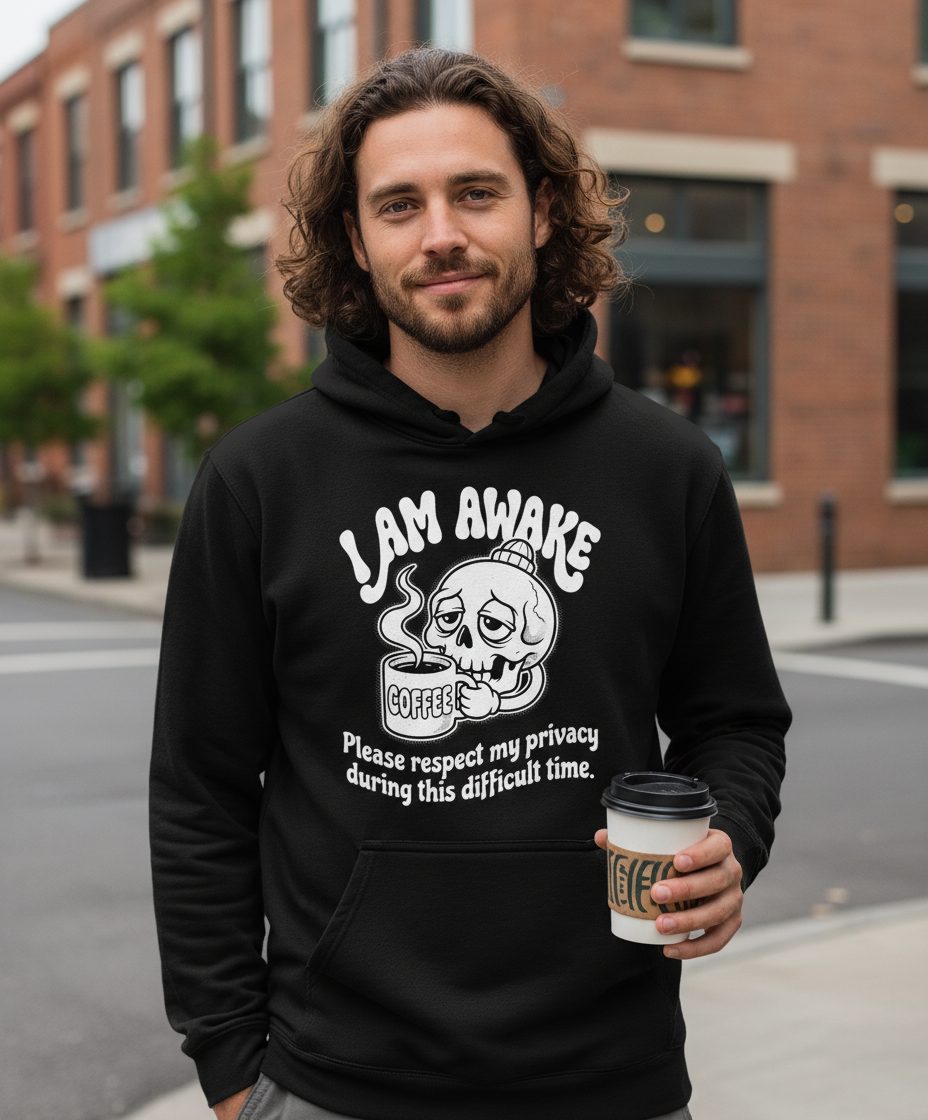 I Am Awake Please Respect My Privacy During This Difficult Time skull drinking coffee Hoodie Black lifestyle mockup