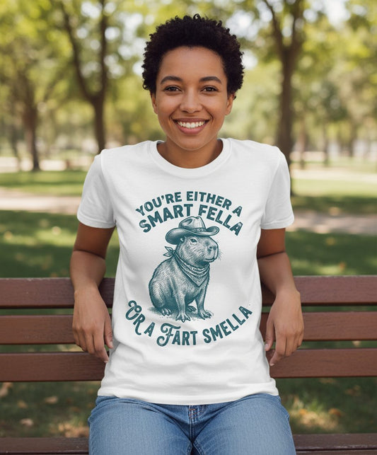 You're Either a Smart Fella or a Fart Smella capybara T-Shirt White lifestyle mockup
