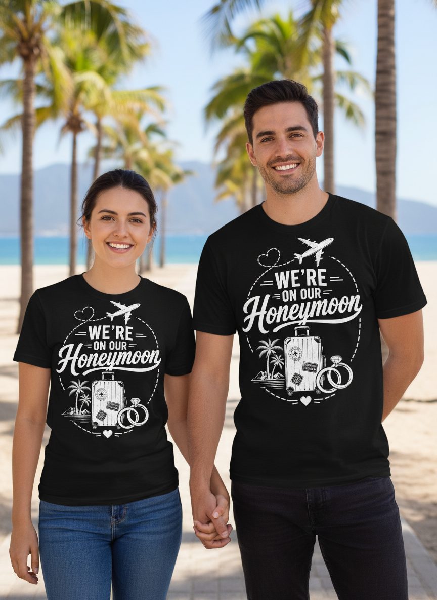 We're on Our Honeymoon Vintage Newlyweds T-Shirt - lifestyle model mockup - Black