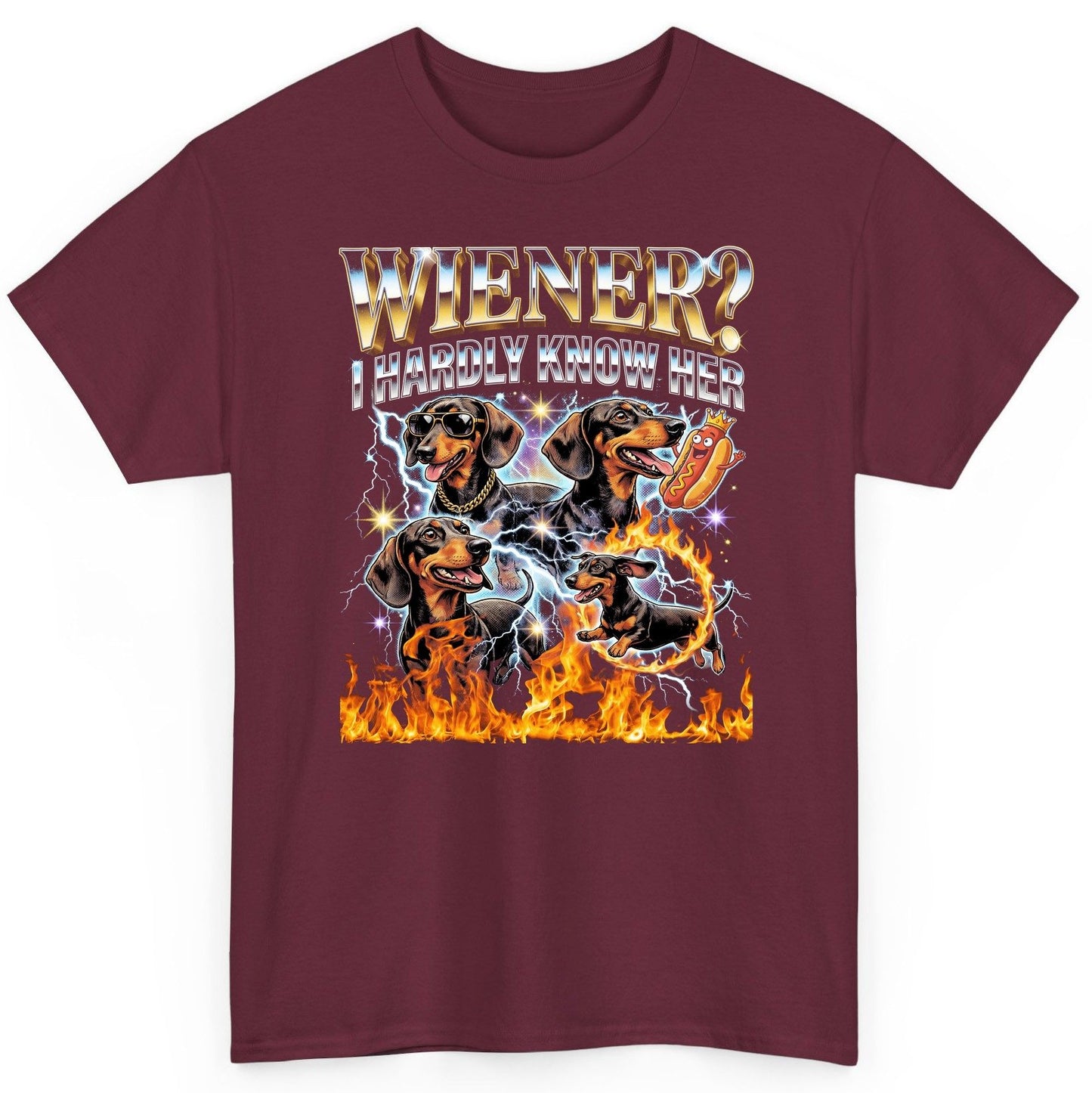 Wiener I Hardly Know Her dachshund T-Shirt Maroon product mockup