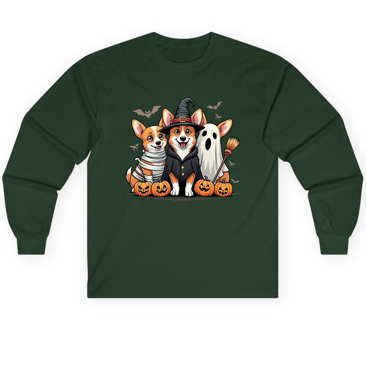 Halloween Corgi Trio Halloween corgis Long Sleeve Tee Forest Green product mockup
