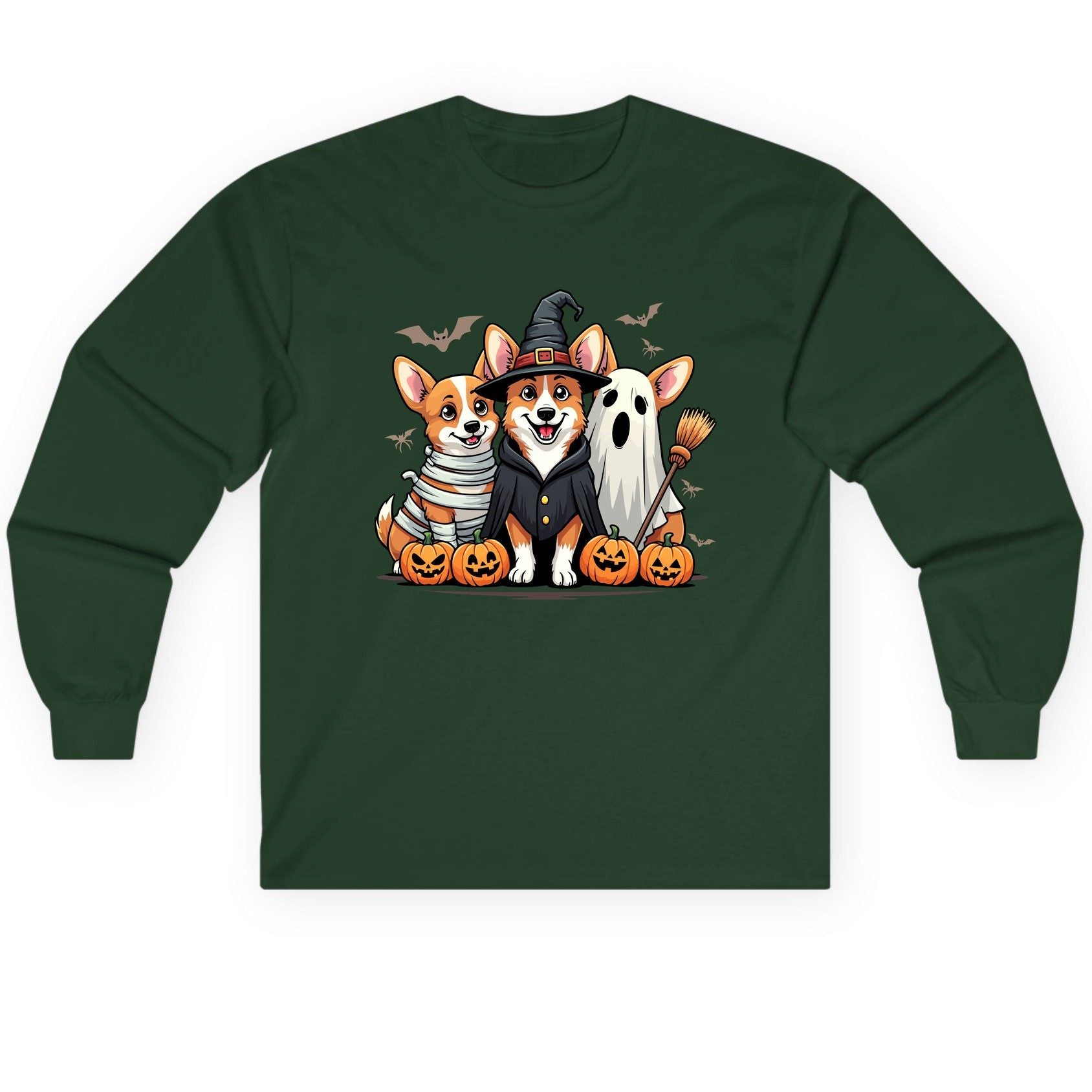 Halloween Corgi Trio Halloween corgis Long Sleeve Tee Forest Green product mockup
