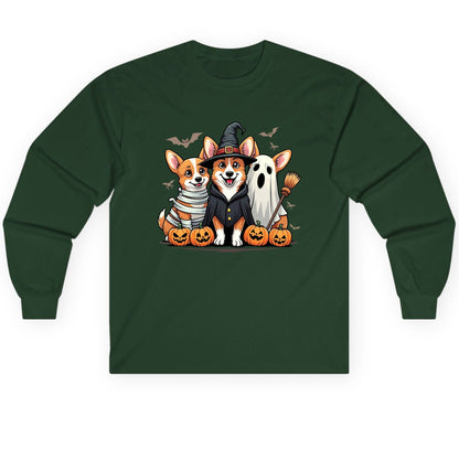 Halloween Corgi Trio Halloween corgis Long Sleeve Tee Forest Green product mockup