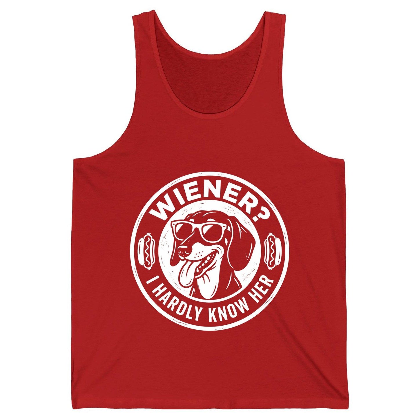 Wiener I Hardly Know Her dachshund Tank Top Red product mockup