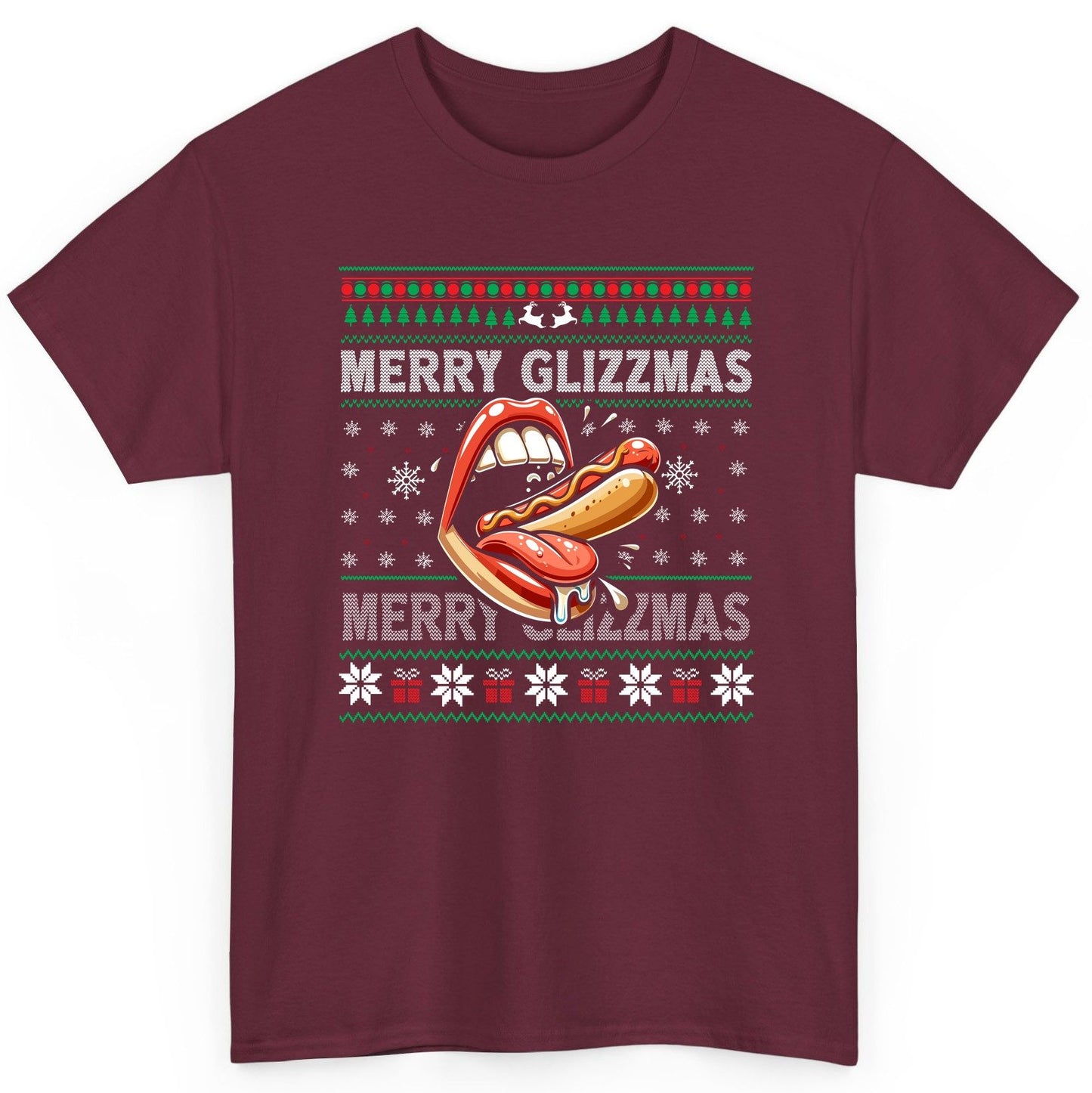 Merry Glizzzmas hot dog T-Shirt Maroon product mockup