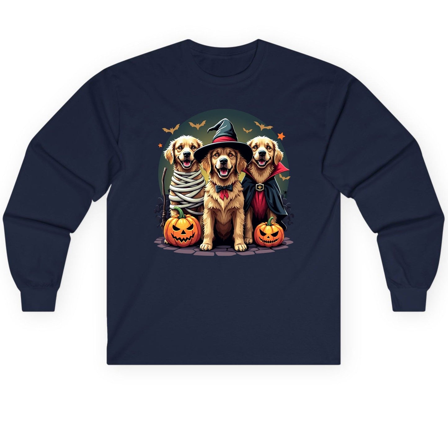 Golden Retriever Halloween Trio golden retriever Long Sleeve Tee Navy product mockup