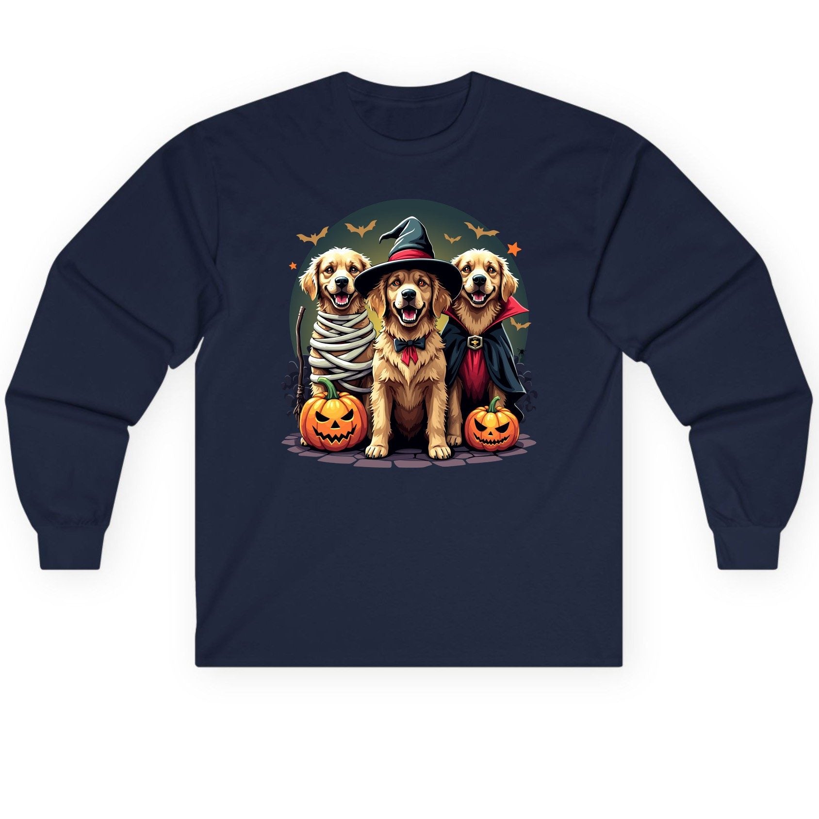 Golden Retriever Halloween Trio golden retriever Long Sleeve Tee Navy product mockup