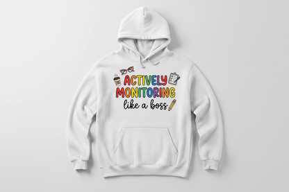 Actively Monitoring Teacher Rainbow Text Design Hoodie - White