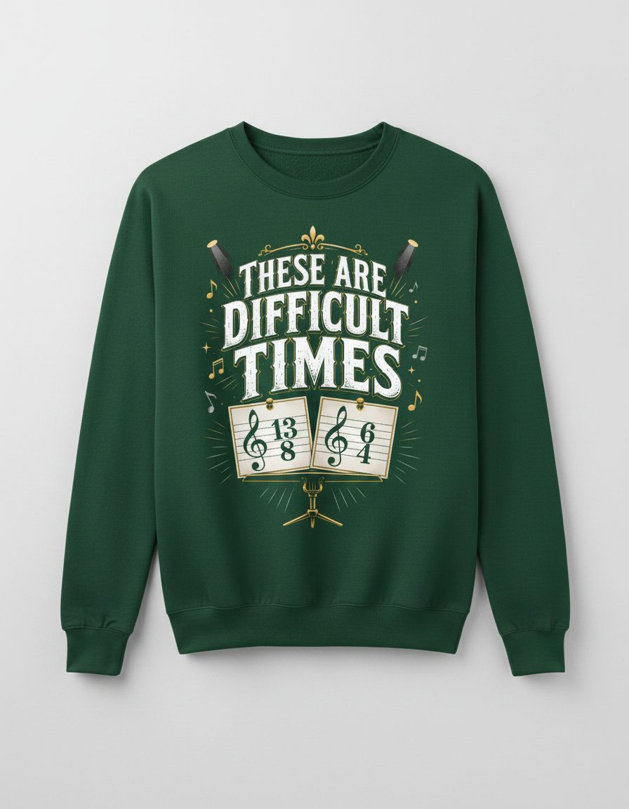 THESE ARE Difficult TIMES Funny Music Humor Sweatshirt - product mockup - Forest Green