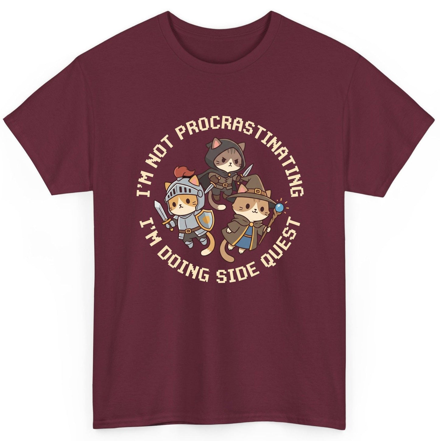 I'm Not Procrastinating I'm Doing Side Quest rpg cats T-Shirt Maroon product mockup