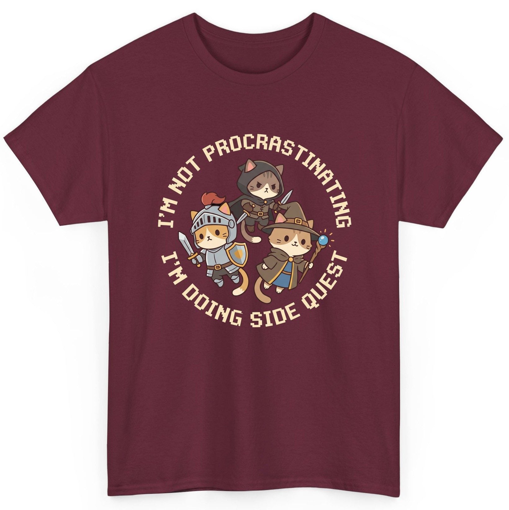 I'm Not Procrastinating I'm Doing Side Quest rpg cats T-Shirt Maroon product mockup