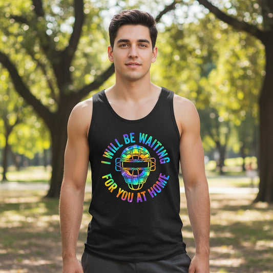 I Will Be Waiting for You at Home baseball catcher Tank Top Black lifestyle mockup