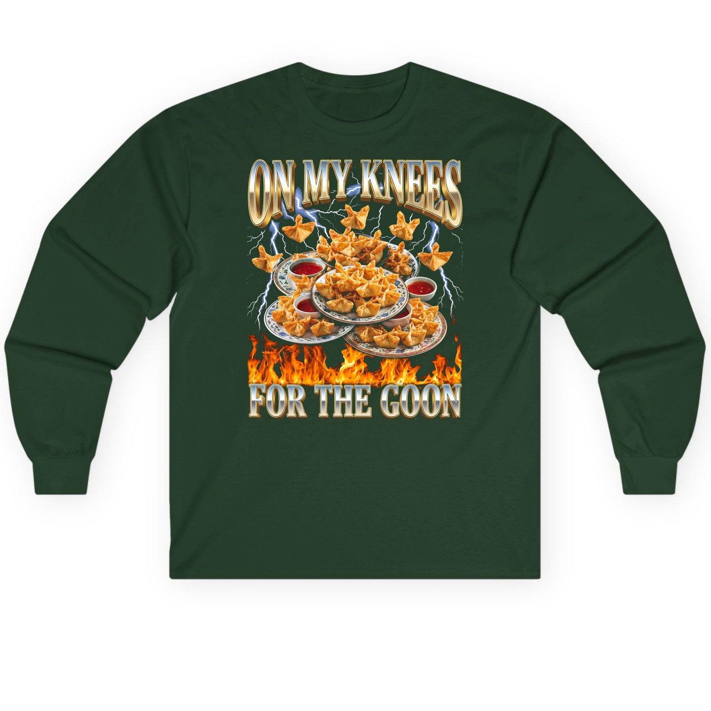 On My Knees for the Goon crab rangoon Long Sleeve Tee Forest Green product mockup