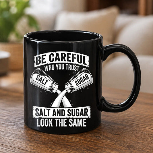 BE Careful WHO YOU TRUST SALT AND SUGAR LOOK THE SAME Black Mug - product mockup - Black
