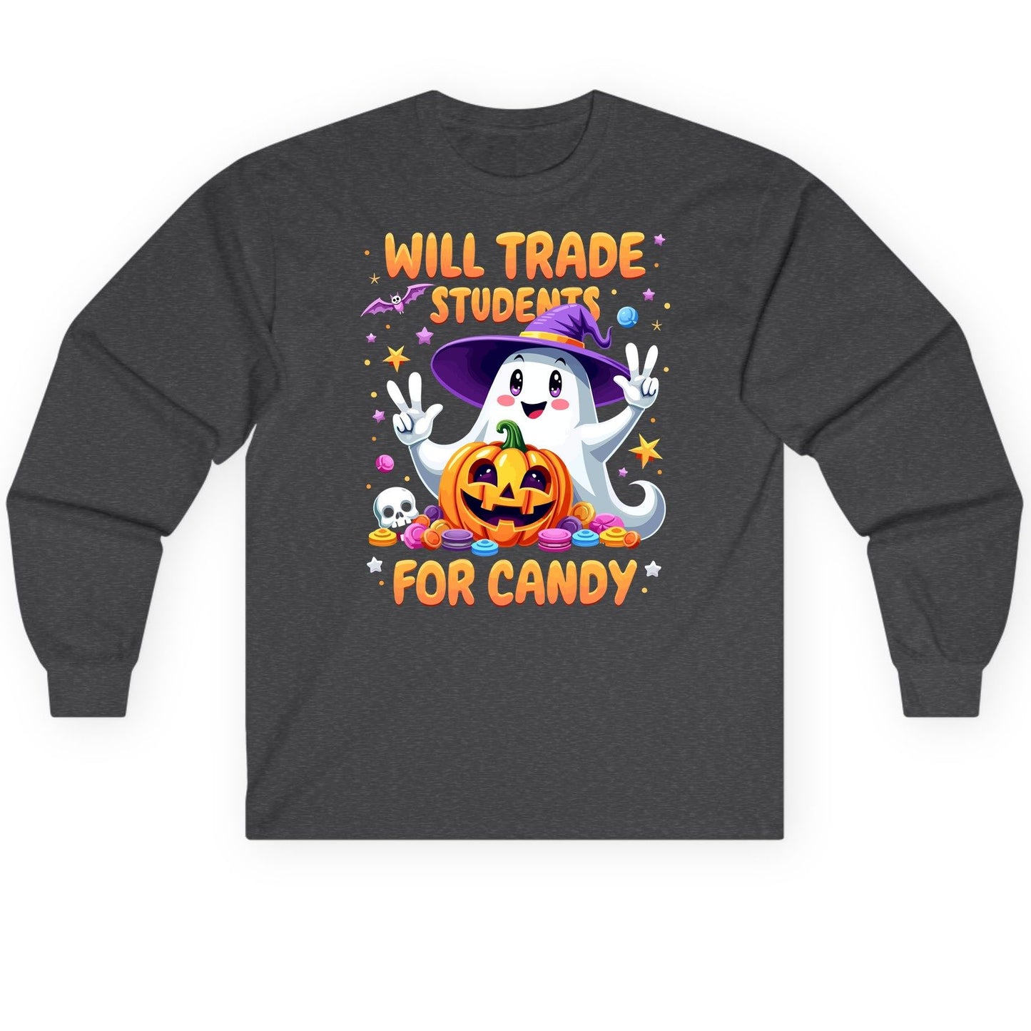 Will Trade Students for Candy teacher Halloween Long Sleeve Tee Dark Heather product mockup