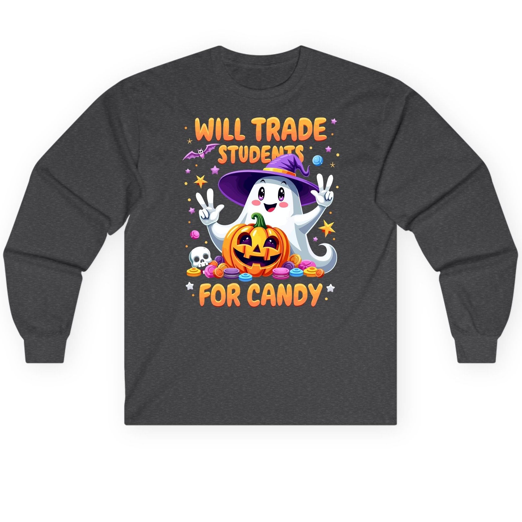 Will Trade Students for Candy teacher Halloween Long Sleeve Tee Dark Heather product mockup