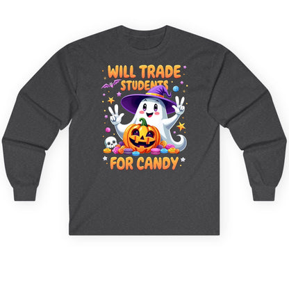 Will Trade Students for Candy teacher Halloween Long Sleeve Tee Dark Heather product mockup