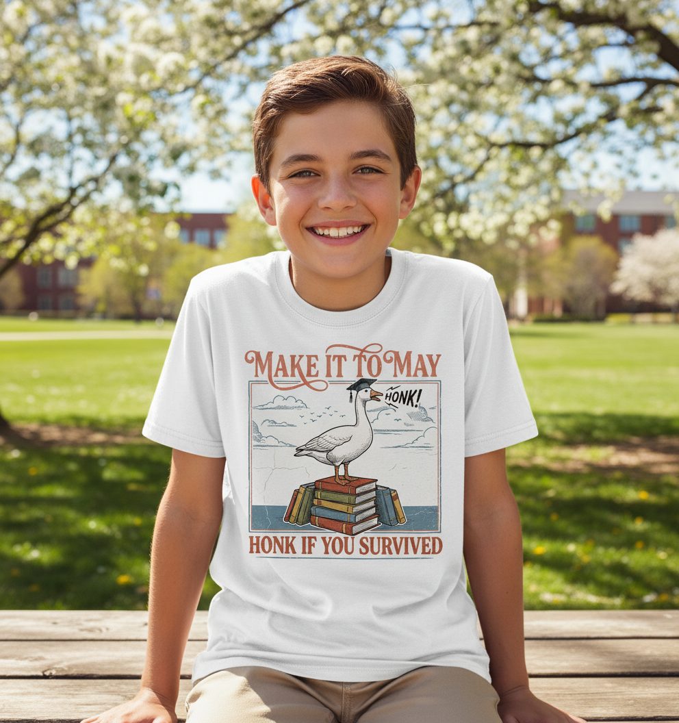 Make It to May Honk If You Survived Funny Student Goose Youth T-Shirt - lifestyle model mockup - White