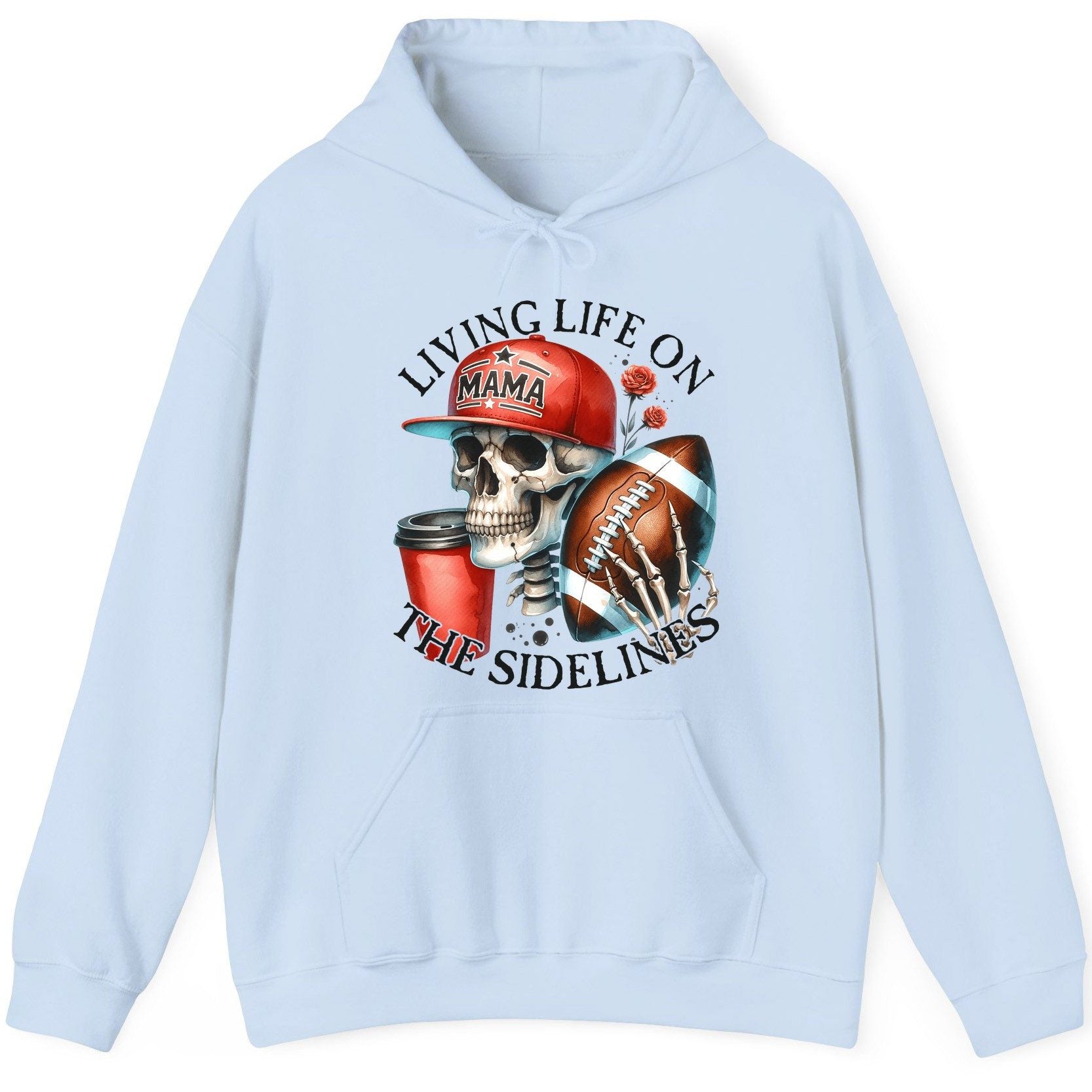 Living Life on the Sidelines football mama Hoodie Light Blue product mockup