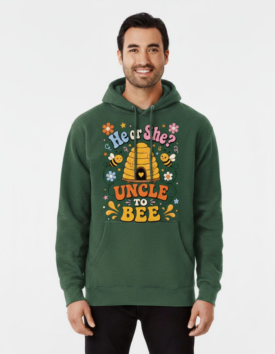 He or She Uncle to Bee Retro Gender Reveal Hoodie - product mockup - Forest Green