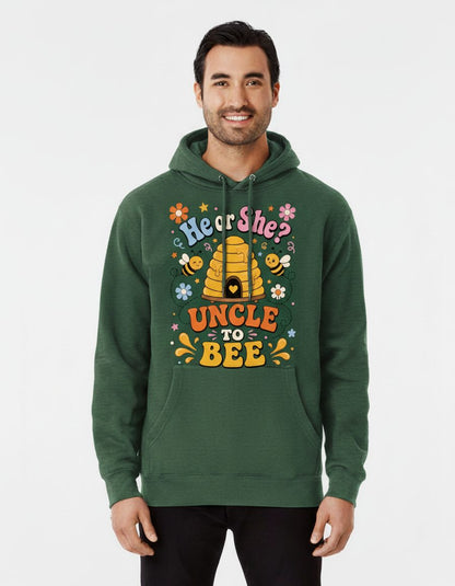 He or She Uncle to Bee Retro Gender Reveal Hoodie - product mockup - Forest Green
