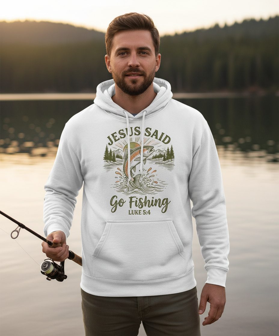JESUS SAID Go Fishing LUKE 5 4 Vintage Christian Hoodie - lifestyle model mockup - White