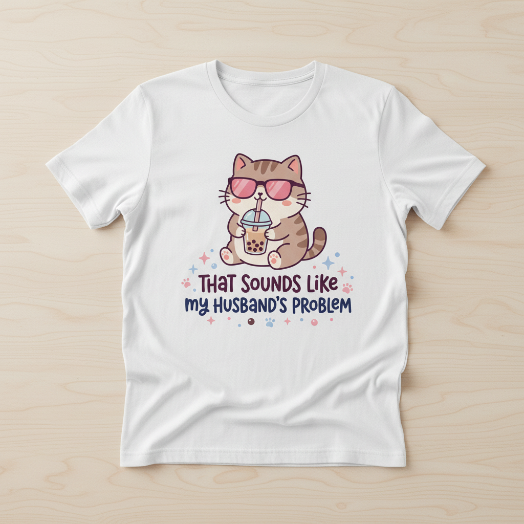 That Sounds Like My Husband's Problem Cat with Boba Tea T-Shirt - White