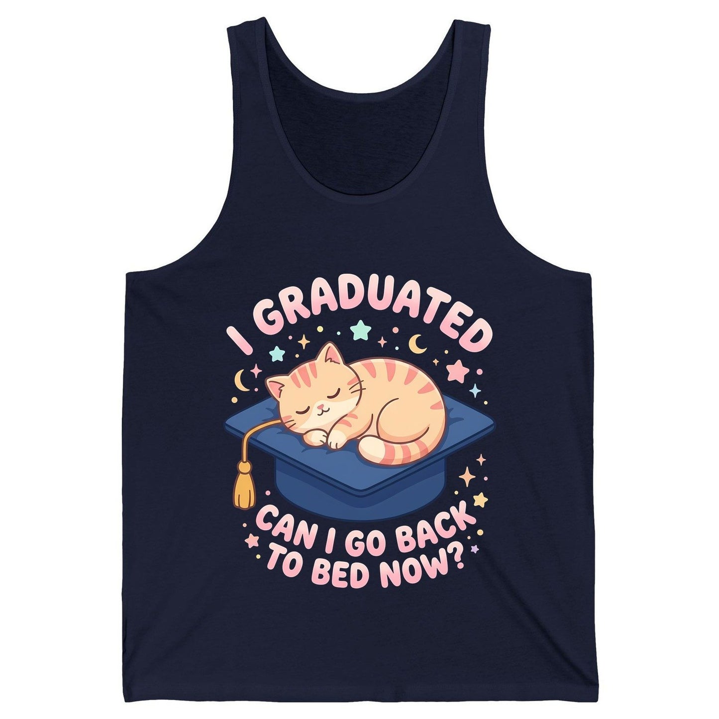 I Graduated CAN I GO BACK TO BED NOW Funny Graduation Cat Tank Top - product mockup - Navy