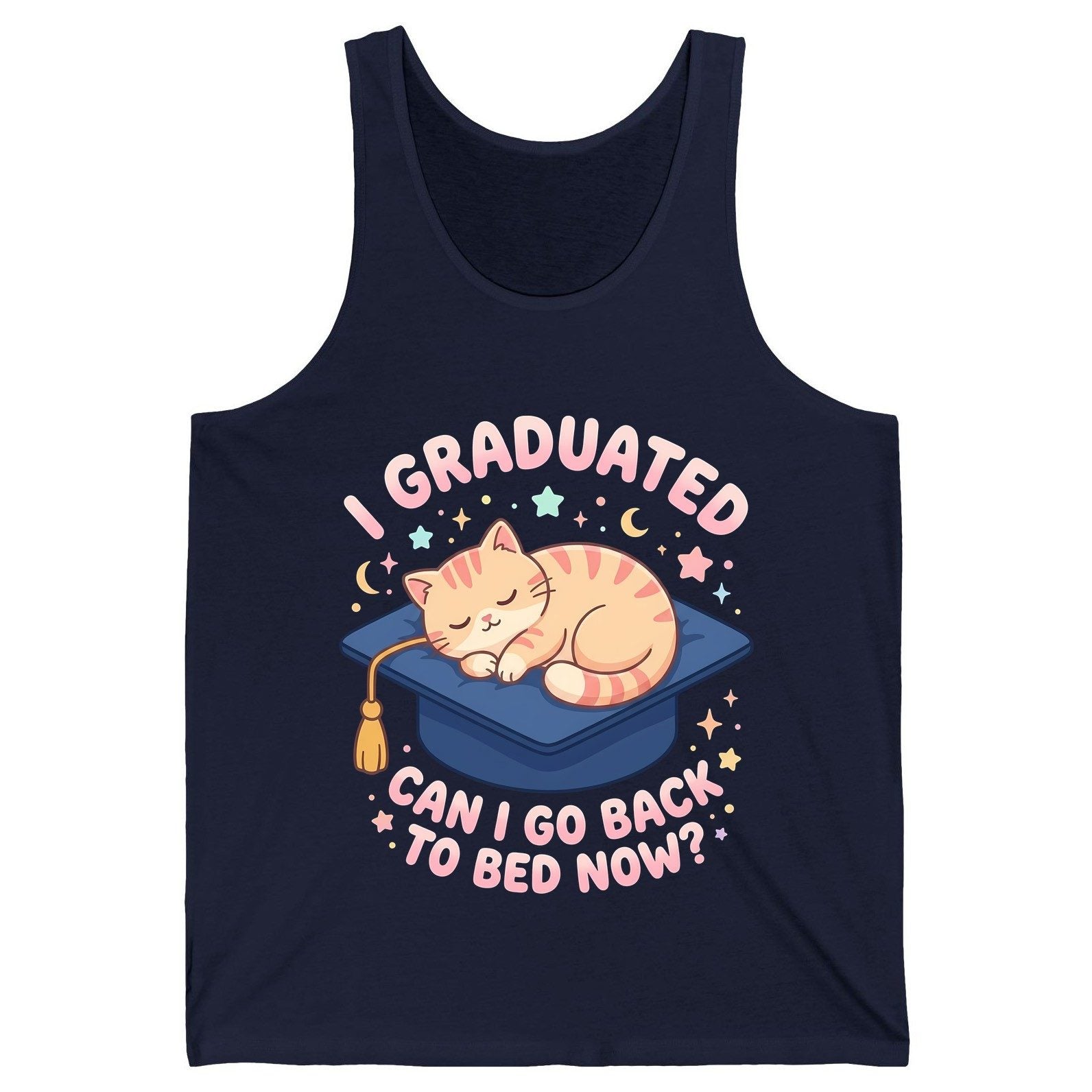 I Graduated CAN I GO BACK TO BED NOW Funny Graduation Cat Tank Top - product mockup - Navy