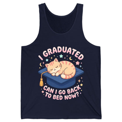 I Graduated CAN I GO BACK TO BED NOW Funny Graduation Cat Tank Top - product mockup - Navy