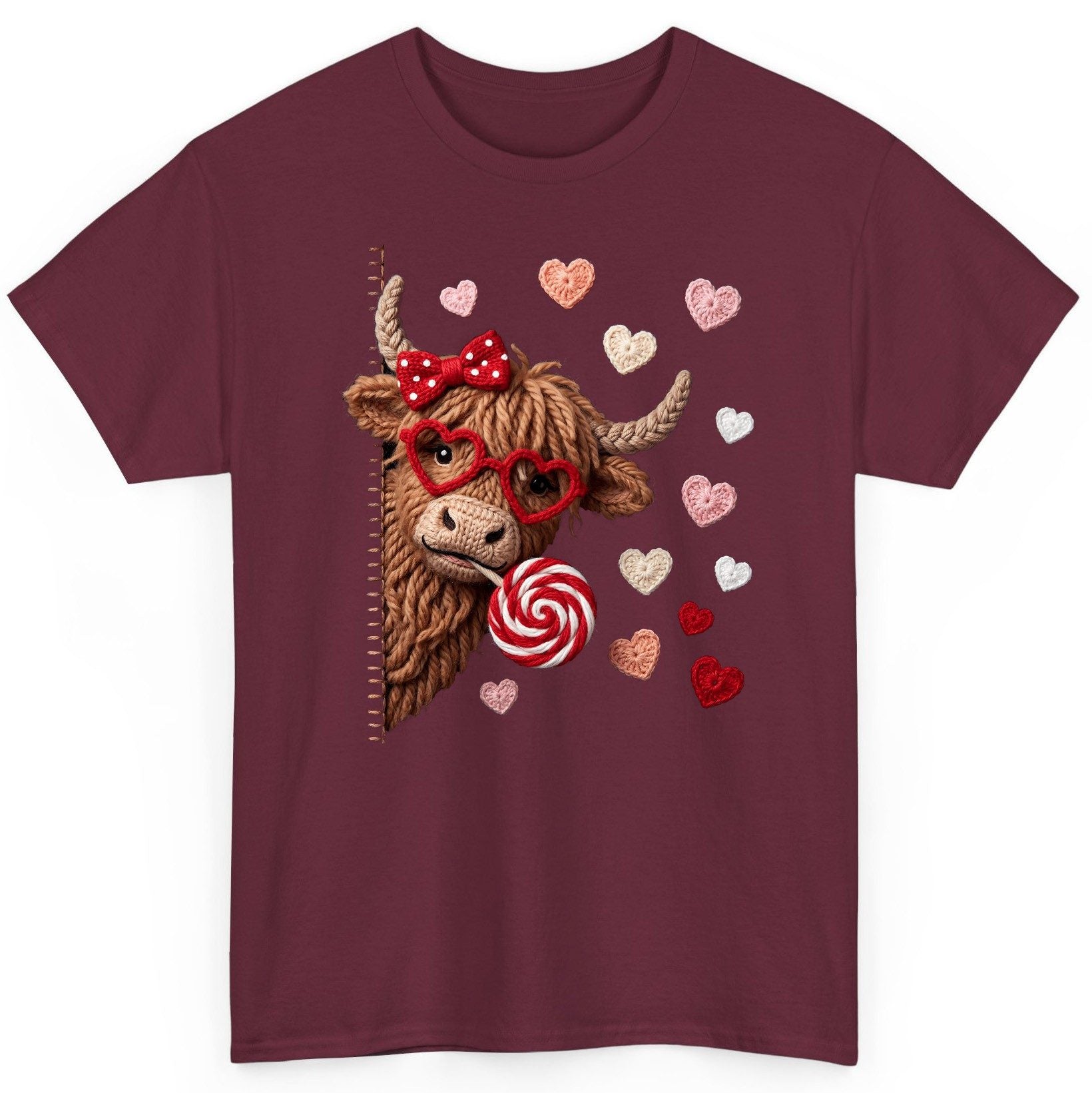 Crochet Valentine's Highland Cow highland cow T-Shirt Maroon product mockup