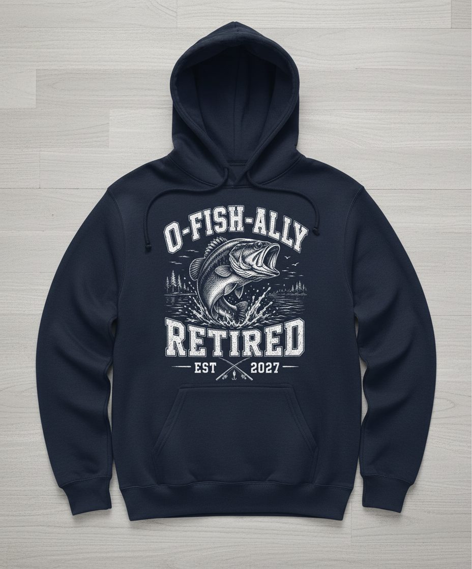 O-Fish-Ally Retired EST 2027 Funny Fishing Hoodie - product mockup - Navy