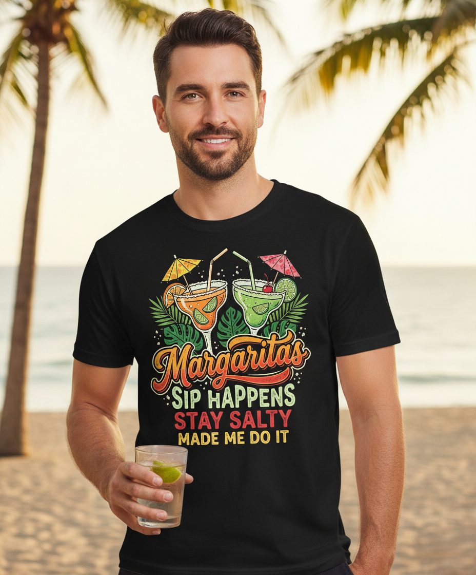 Margaritas Sip Happens Stay Salty Made Me Do It T-Shirt - lifestyle model mockup - Black