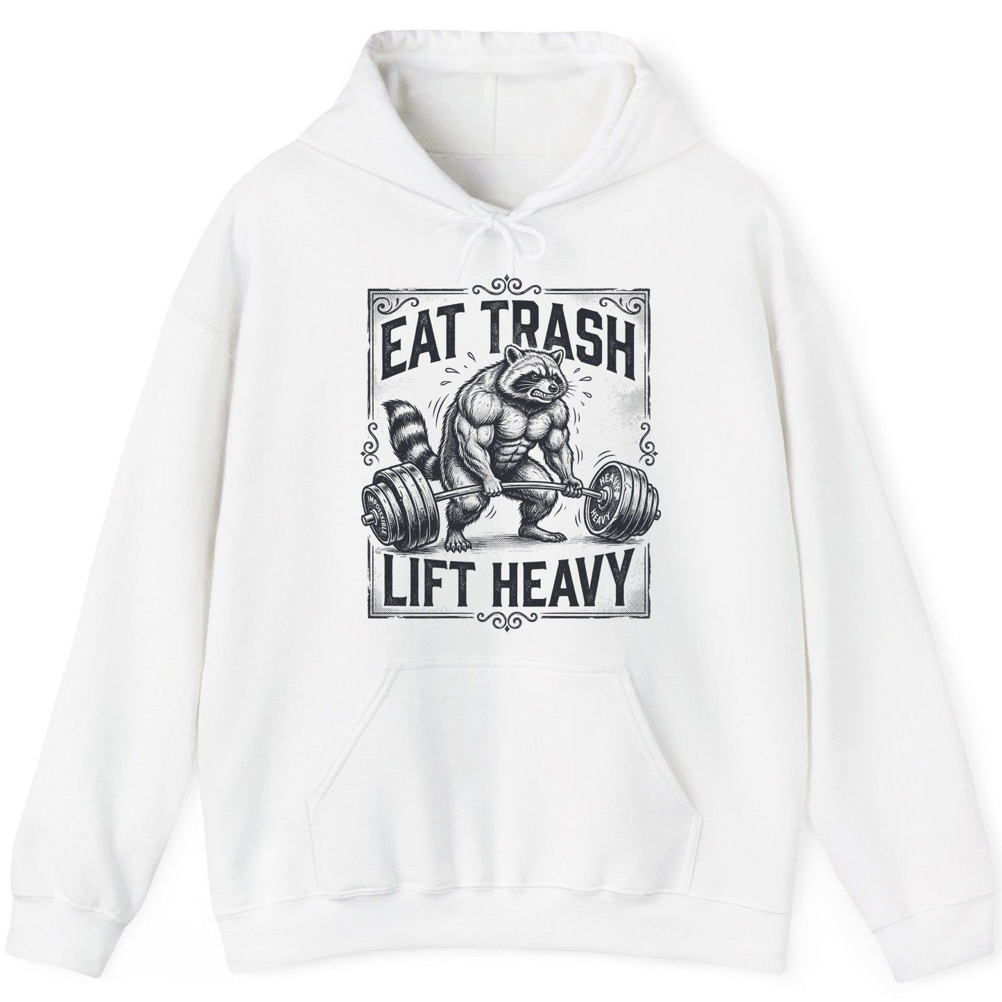 Eat Trash Lift Heavy raccoon Hoodie White product mockup