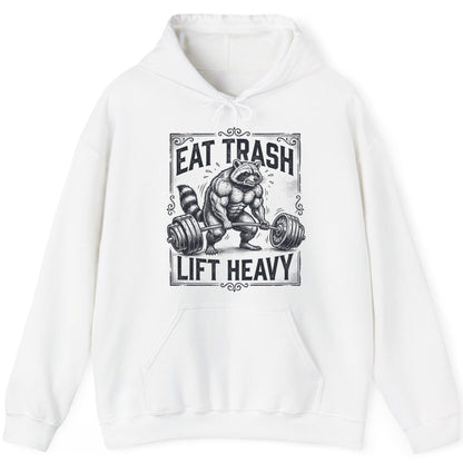 Eat Trash Lift Heavy raccoon Hoodie White product mockup