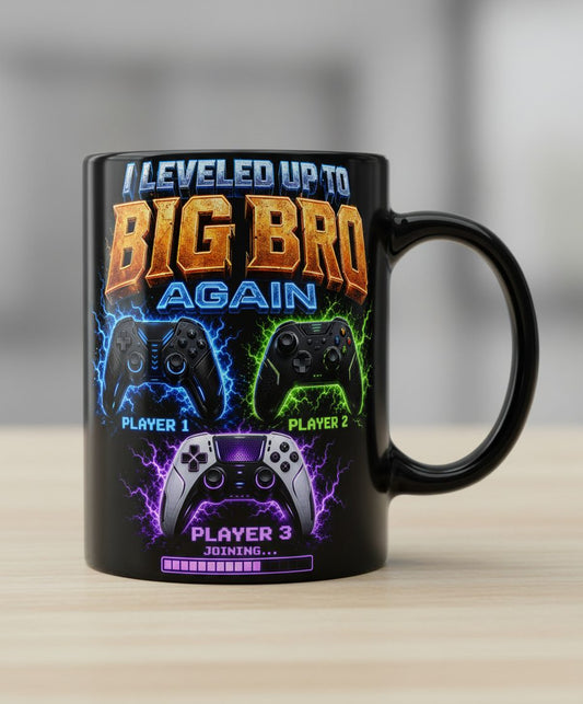 I Leveled Up to Big Bro Again Gamer Brother Black Mug - product mockup - Black
