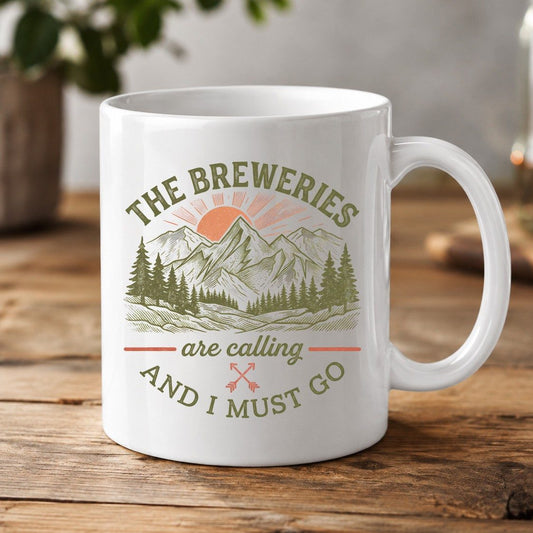 THE Breweries Are Calling AND I MUST GO Funny Craft Beer White Mug - product mockup - White